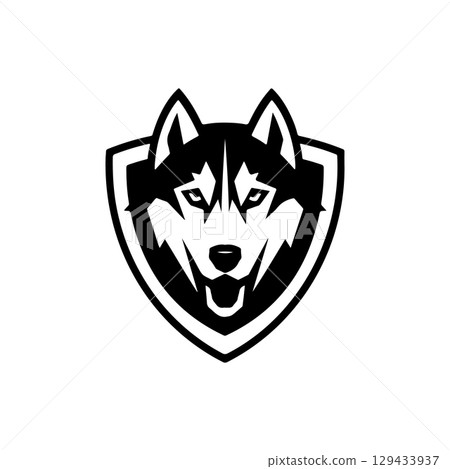 Husky head illustration isolated on white background. Emblem template with Husky dog. Design element for emblem, sign, poster, label. 129433937