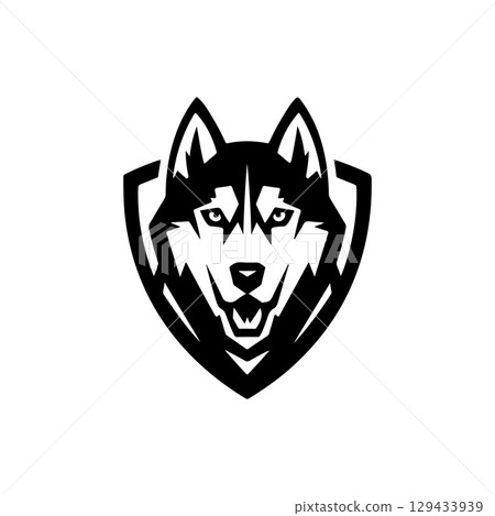Husky head illustration isolated on white background. Emblem template with Husky dog. Design element for emblem, sign, poster, label. 129433939