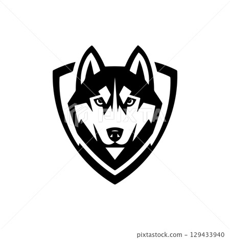 Husky head illustration isolated on white background. Emblem template with Husky dog. Design element for emblem, sign, poster, label. Husky head illustration isolated on white background. Emblem template with Husky dog. Design element for emblem, sign, poster, label. 129433940