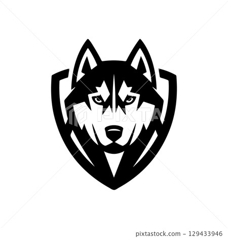 Husky head illustration isolated on white background. Emblem template with Husky dog. Design element for emblem, sign, poster, label. 129433946