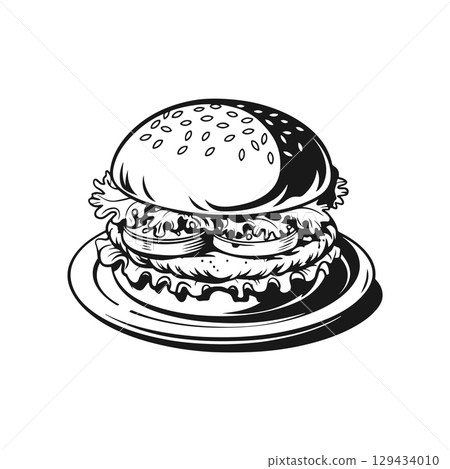 Illustration of a hamburger. Burger emblem. Vector illustration 129434010
