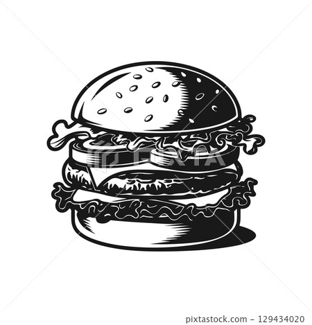 Illustration of a hamburger. Burger emblem. Vector illustration 129434020