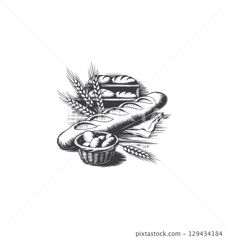 Engraving illustration of baguette and ears of wheat. Vintage bread illustration for bakery. Vector illustration 129434184