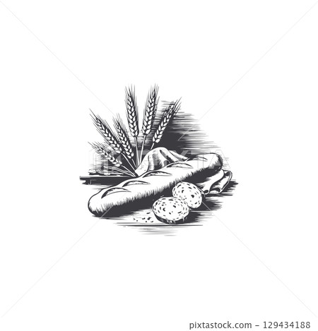 Engraving illustration of baguette and ears of wheat. Vintage bread illustration for bakery. Vector illustration Engraving illustration of baguette and ears of wheat. Vintage bread illustration for bakery. Vector illustration 129434188