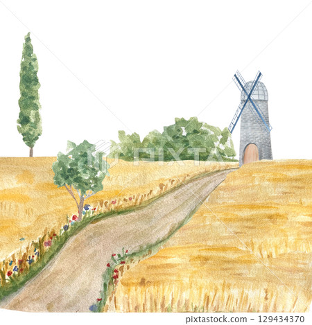 Landscape with stone windmill by a rural dirt road, by golden fields, green trees, and tall cypress. Charming watercolor ideal for greeting cards, wall art, book illustrations, and seasonal stationery 129434370