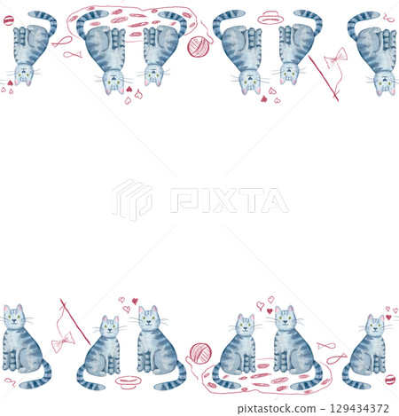 Blue striped cats with hearts, yarn, bowls, toys. Playful hand-painted watercolor border isolated on white. Ideal for Valentines cards, pet-themed designs, and children products in a cozy sketch style Blue striped cats with hearts, yarn, bowls, toys. Playful hand-painted watercolor border isolated on white. Ideal for Valentines cards, pet-themed designs, and children products in a cozy sketch style 129434372