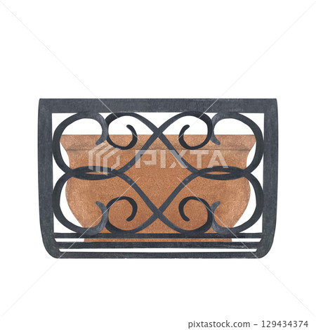 Decorative flower pot in black wrought iron wall holder isolated on white. Hand-painted watercolor element perfect for European street scenes, house exteriors, window decorations, gardening 129434374