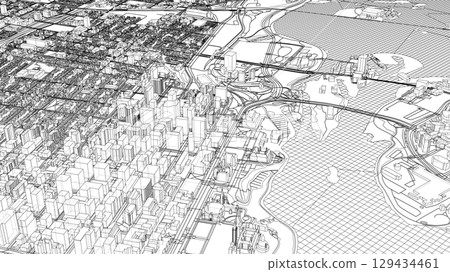 Intricate Cityscape Wireframe 129434461
