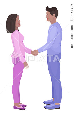 Woman and man handshake, colorful illustration, cute flat characters, trendy people, vector color illustration Woman and man handshake, colorful illustration, cute flat characters, trendy people, vector color illustration 129434506