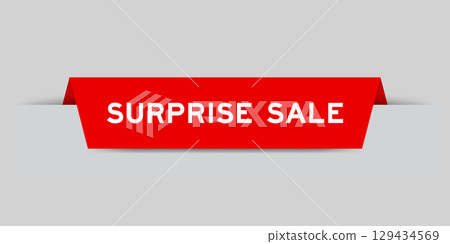 Red color inserted label with word surprise sale on gray background 129434569