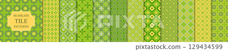 Collection of tile mosaic seamless ornamental vector patterns. Bright color geometric oriental repeatable backgrounds. Symmetric textures - green and yellow design 129434599