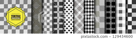 Collection of vector black and white seamless geometric fabric patterns. Simple monochrome cloth material striped textures - repeatable backgrounds. Monochrome unusual design, trendy textile prints 129434600