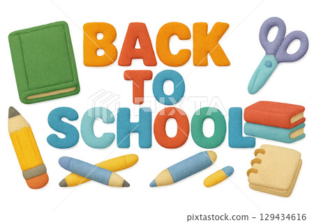 Back to school concept with colorful stationery and letters, isolated on transparent 129434616