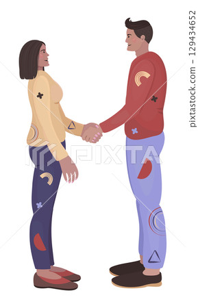 Woman and man handshake, flat characters, trendy disproportionate people in clothes with memphis style elements, vector color illustration Woman and man handshake, flat characters, trendy disproportionate people in clothes with memphis style elements, vector color illustration 129434652