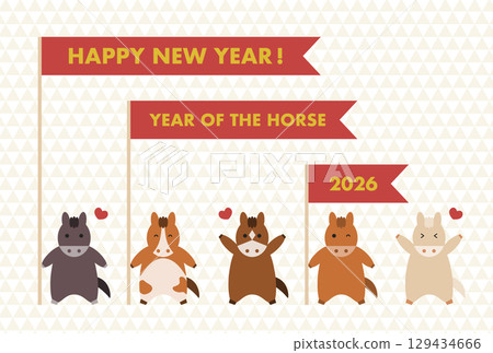 2026新年賀卡插圖(手持旗幟的可愛馬) 2026新年賀卡插圖(手持旗幟的可愛馬) 129434666