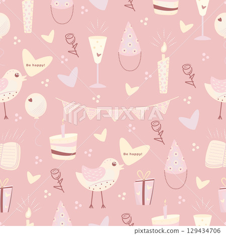 Cute birthday seamless pattern in scandinavian style, festive kawaii background in light pink and yellow colors Cute birthday seamless pattern in scandinavian style, festive kawaii background in light pink and yellow colors 129434706
