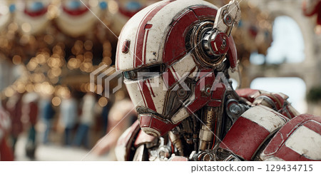 Robot Santa Claus with chrome exoskeleton stands near decorated quantum fir tree at holiday market Robot Santa Claus with chrome exoskeleton stands near decorated quantum fir tree at holiday market 129434715