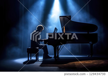 Pianist performs emotionally on stage in spotlight during captivating concert Pianist performs emotionally on stage in spotlight during captivating concert 129434730