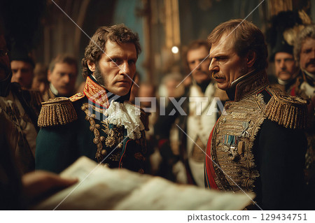 Historical military leaders engaged in tense dialogue during a royal assembly in the 19th century 129434751
