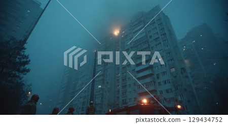 Fire brigade crew battles blaze in multi story building during nighttime operation 129434752