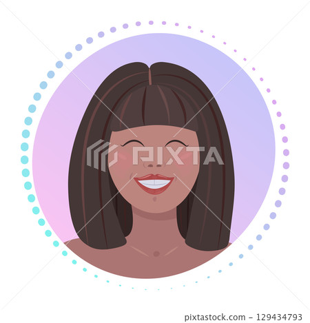 Happy woman face, smiling brunette with closed eyes, vector gradient sign, round colorful illustration Happy woman face, smiling brunette with closed eyes, vector gradient sign, round colorful illustration 129434793