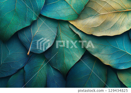 A close-up view of overlapping leaves, showcasing a gradient from dark blue and green to bright green. The texture and veins are highly detailed. 129434825