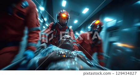 Doctors rush urgent care patient on gurney in modern emergency room during critical situation 129434827