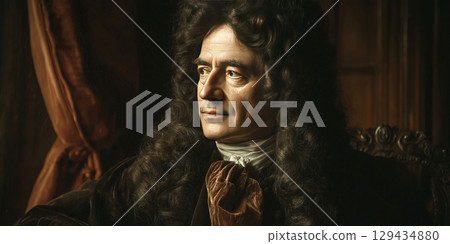 Portrait of a man with long curly hair, dressed in historical garments, in a dimly lit room Portrait of a man with long curly hair, dressed in historical garments, in a dimly lit room 129434880