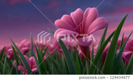 Pink flower in serene meadow under pastel sunset, surrounded by lush green grass, evoking calm and mindfulness 129434977