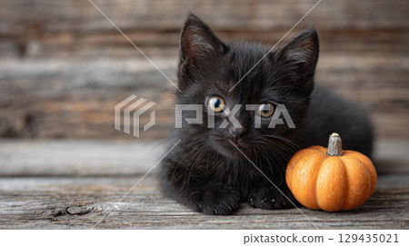 Cute black kitten with bright eyes sits next to small orange pumpkin on rustic wooden surface, evoking Halloween vibe 129435021