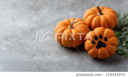 Mini pumpkins with paw print design on one, perfect for Halloween decor on gray background Mini pumpkins with paw print design on one, perfect for Halloween decor on gray background 129435074