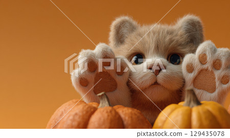 Cute kitten with fluffy fur peeks over pumpkins, creating playful Halloween scene with orange background 129435078
