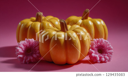 Pumpkins and pink flowers on pink background create festive Halloween aesthetic 129435083