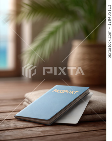 Blue passport and travel document on wooden surface with tropical background, evoking wanderlust Blue passport and travel document on wooden surface with tropical background, evoking wanderlust 129435113
