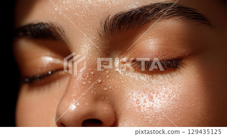Close up of face with sweat droplets on skin, highlighting texture, pores, and natural glow under harsh sunlight Close up of face with sweat droplets on skin, highlighting texture, pores, and natural glow under harsh sunlight 129435125