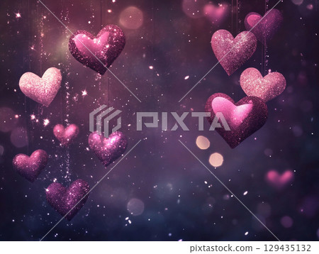 A dynamic close-up shows numerous pink and white hearts, some transparent and glistening with sparkles, floating against a dark, bokeh-filled background. 129435132