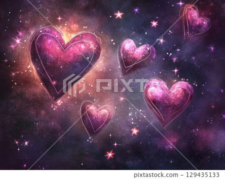 A dynamic close-up shows numerous pink and white hearts, some transparent and glistening with sparkles, floating against a dark, bokeh-filled background. 129435133