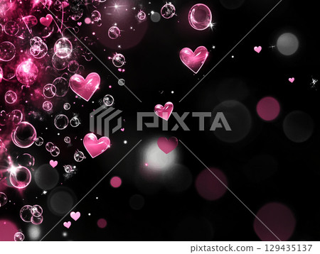 A dynamic close-up shows numerous pink and white hearts, some transparent and glistening with sparkles, floating against a dark, bokeh-filled background. 129435137
