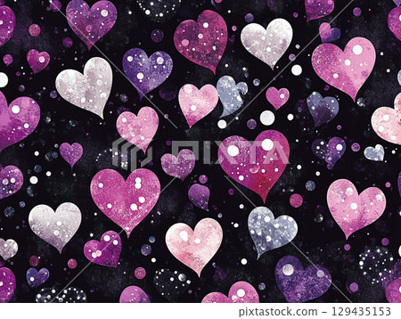 A dynamic close-up shows numerous pink and white hearts, some transparent and glistening with sparkles, floating against a dark, bokeh-filled background. 129435153