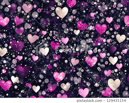 A dynamic close-up shows numerous pink and white hearts, some transparent and glistening with sparkles, floating against a dark, bokeh-filled background. A dynamic close-up shows numerous pink and white hearts, some transparent and glistening with sparkles, floating against a dark, bokeh-filled background. 129435154