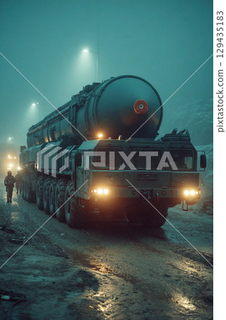 Modern military transport carries continental nuclear missile under cloudy skies 129435183