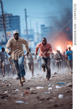 Protesters flee from police aggression during civil unrest in African city streets 129435232