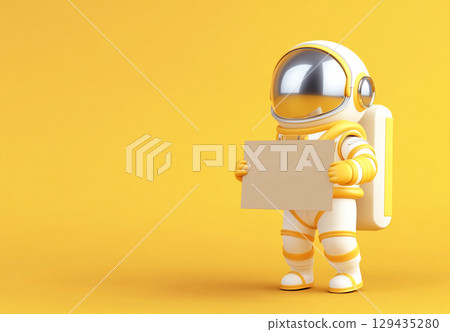 A charming 3D-rendered cartoon astronaut in a white and yellow suit holds a blank shopping bag or box, ready for a delivery, against a vibrant yellow background. A charming 3D-rendered cartoon astronaut in a white and yellow suit holds a blank shopping bag or box, ready for a delivery, against a vibrant yellow background. 129435280