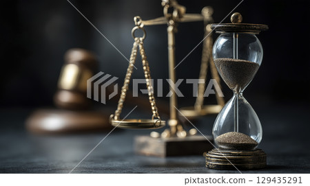 Image features close up of vintage style hourglass with sand inside, set of brass scales of justice, and wooden gavel in background, symbolizing law, time, and justice 129435291