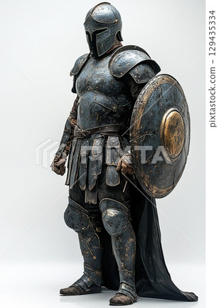 Trojan warrior in full ancient armor standing in readiness on a white background 129435334