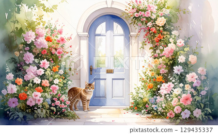鮮花、時尚的門和一隻貓 鮮花、時尚的門和一隻貓 129435337