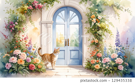 鮮花、時尚的門和一隻貓 129435338