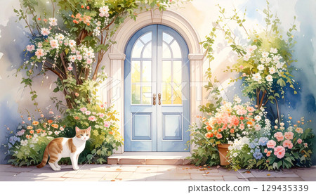 鮮花、時尚的門和一隻貓 鮮花、時尚的門和一隻貓 129435339