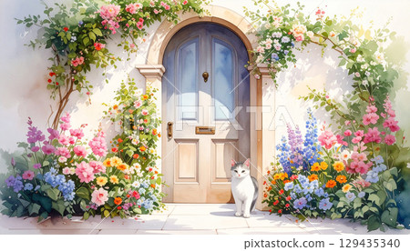 鮮花、時尚的門和一隻貓 鮮花、時尚的門和一隻貓 129435340