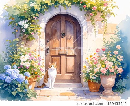 Flowers, a stylish door, and a cat 129435341